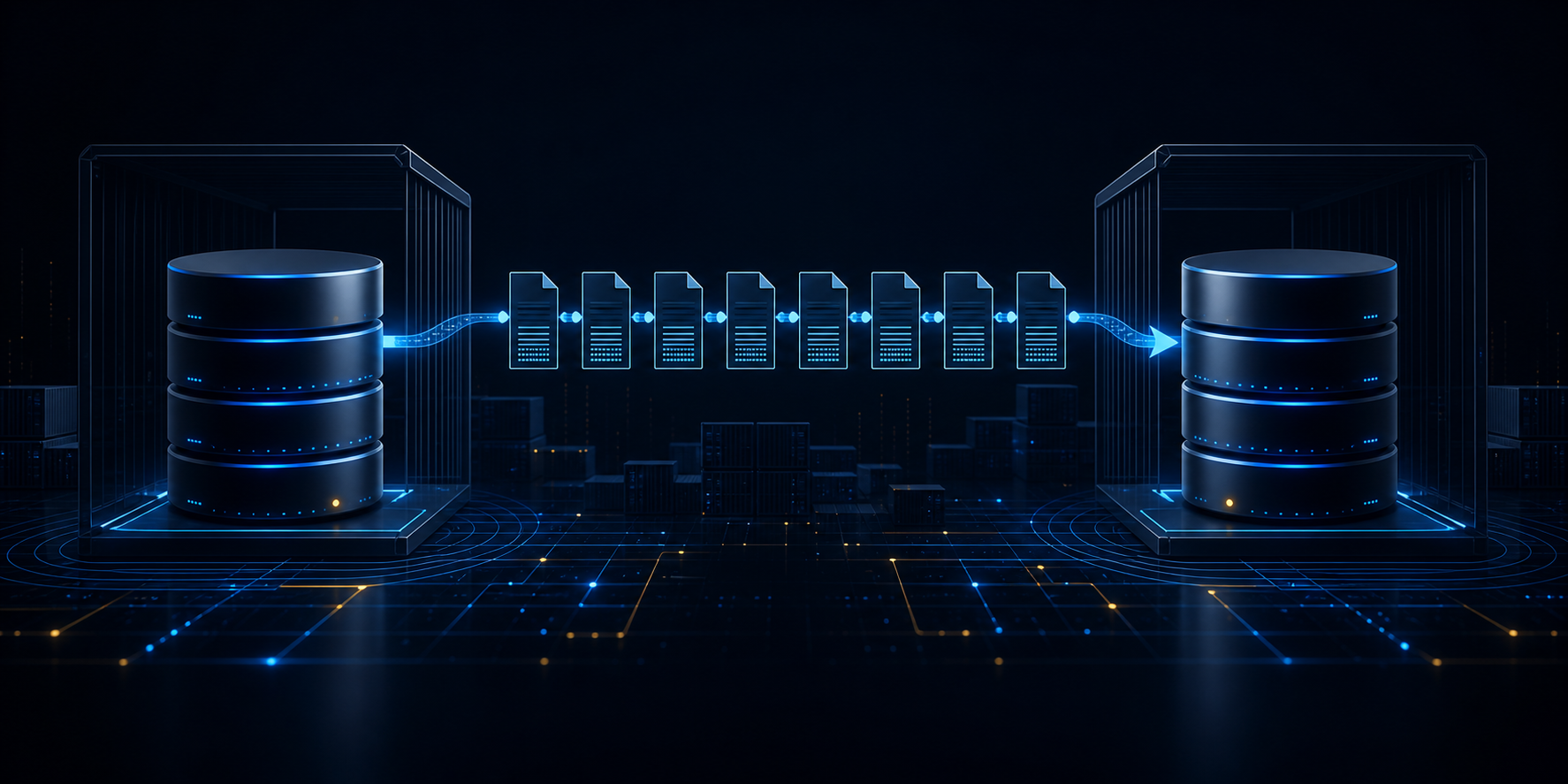 Ilustración abstracta oscura de un par Db2 HADR con primary, standby y log shipping entre ambos
