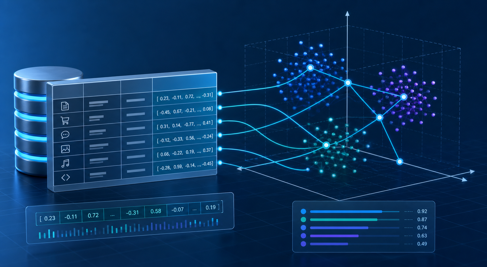 Ilustração técnica de embeddings vetoriais e pesquisa por similaridade no Db2