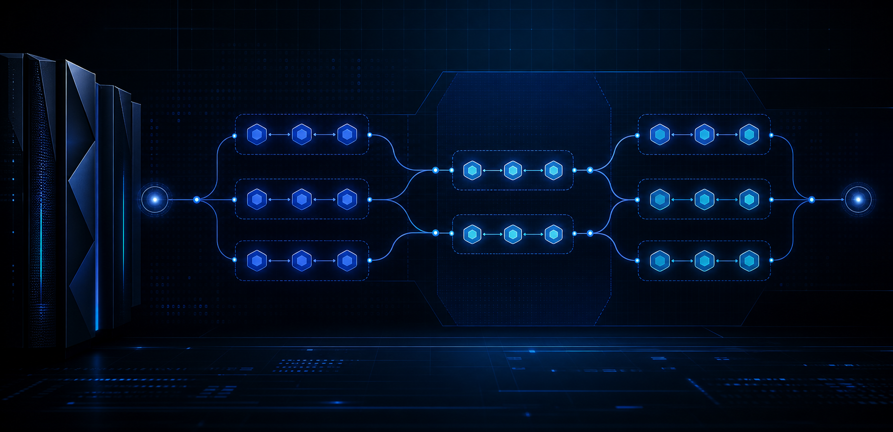 Dark abstract illustration of JES2 job groups with grouped nodes and branching dependencies
