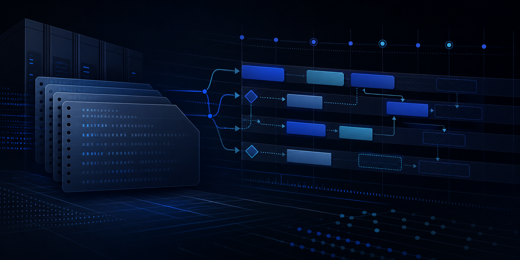 Dark abstract illustration of JES2 job stream scheduling with timeline controls and dependency lanes