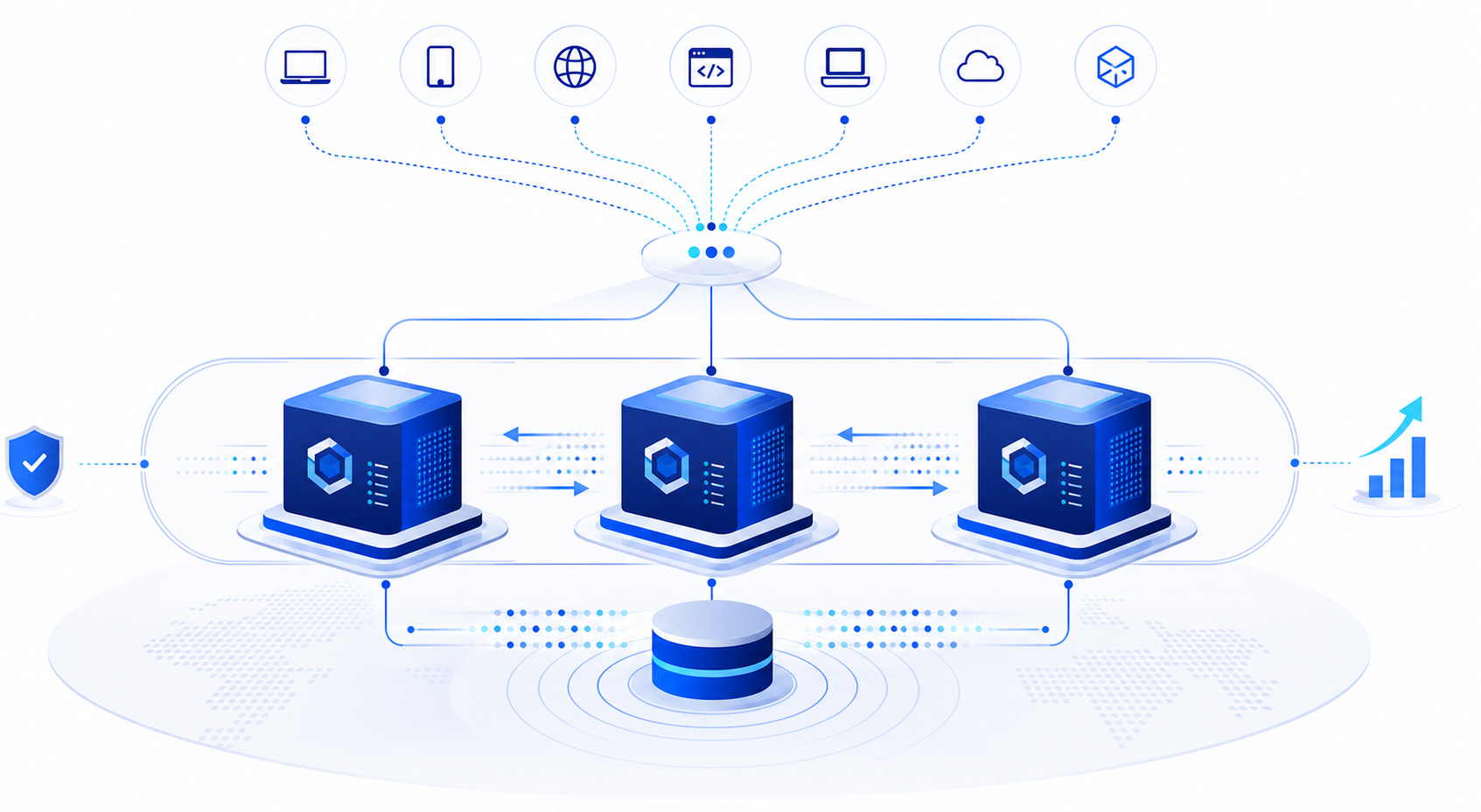 Ilustração técnica de três queue managers IBM MQ a equilibrar ligações de clientes como um único cluster uniforme