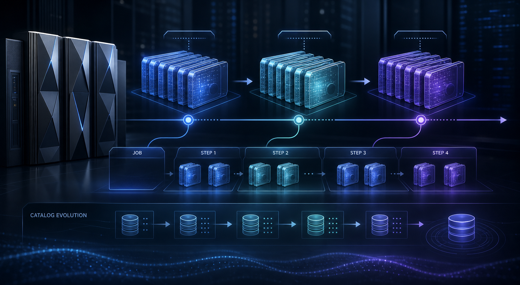 Abstract mainframe-style illustration showing sequential generation data groups shifting across z/OS job steps