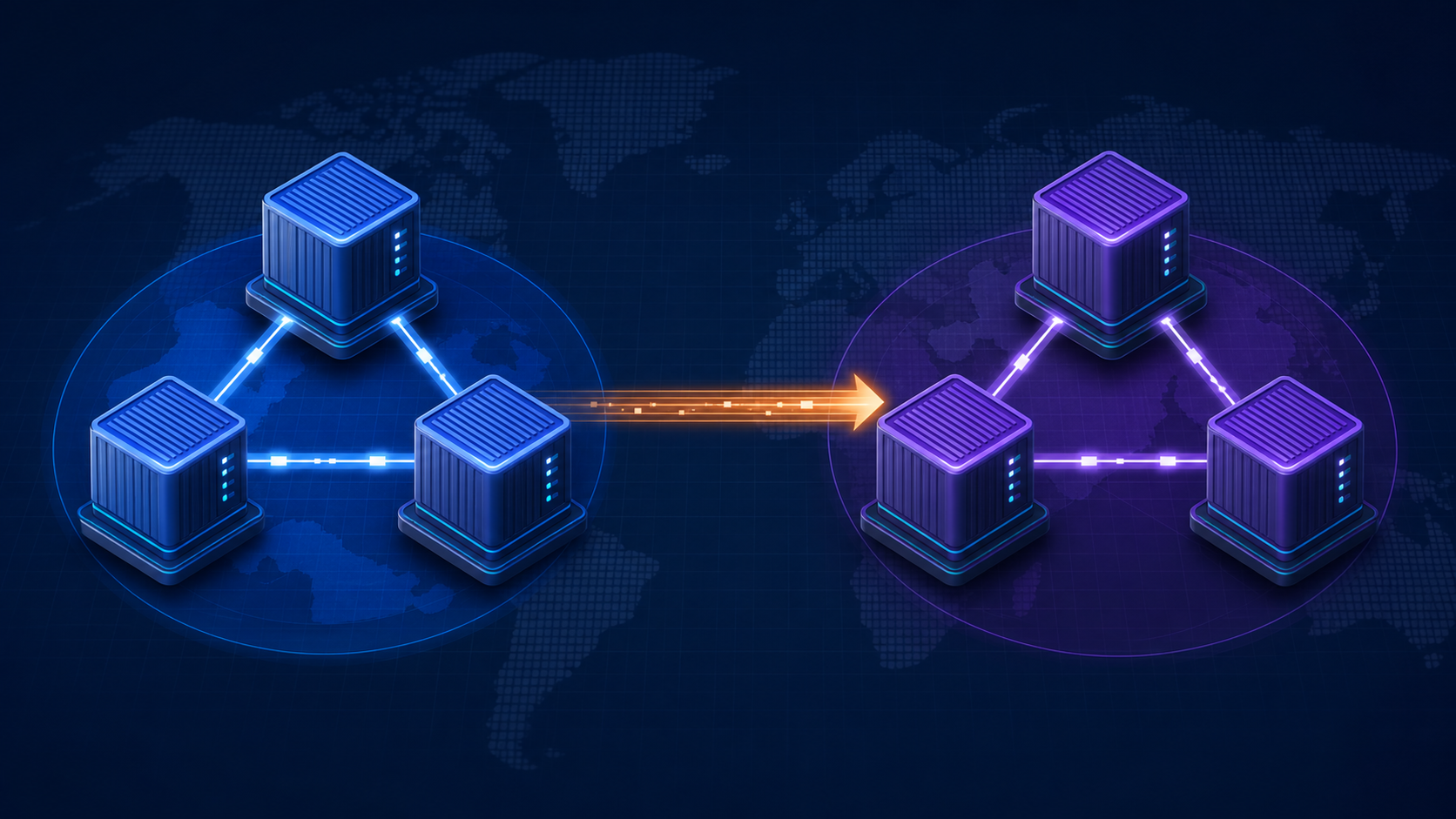 Dos grupos Native HA de tres instancias conectados mediante replicación direccional entre regiones